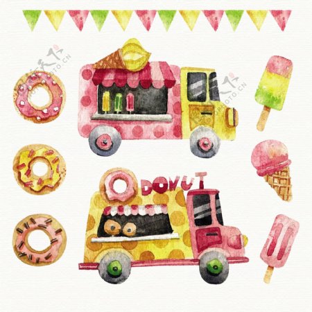 水彩甜甜圈冰淇淋和食品卡车