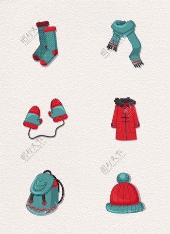 彩色冬季服装和配饰矢量图