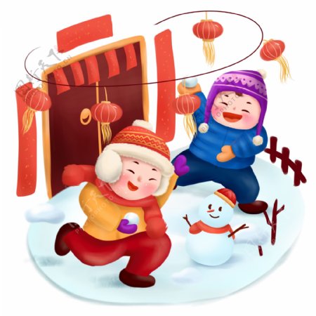打雪仗新年过节喜庆团圆玩耍游戏可商用配图
