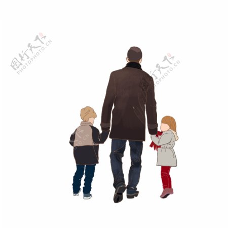 时尚潮爸和他的两个小孩插画设计可商用元素