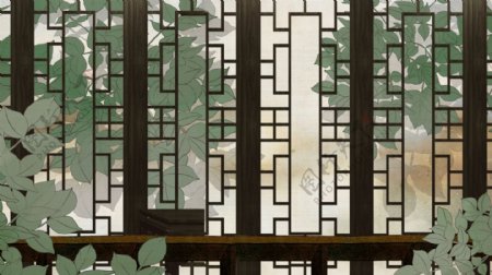 古代中式花格窗户绿色背景