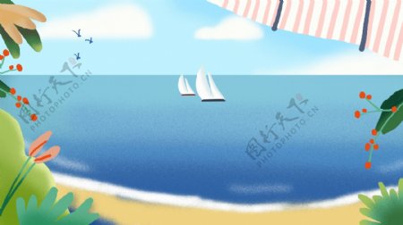 海洋帆船花叶蓝天背景图