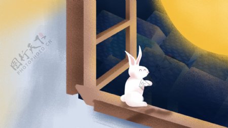 彩绘中秋赏月的玉兔banner背景素材