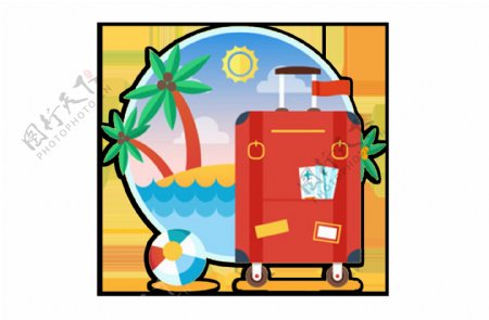 卡通红色行李箱椰子树沙滩png元素