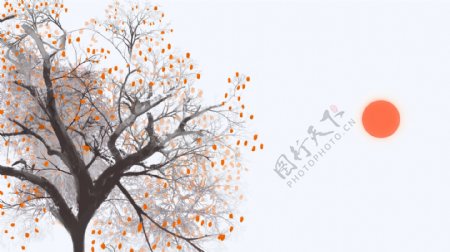 手绘秋季成熟的果树太阳背景素材