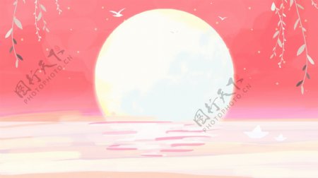 梦幻粉色海上升明月背景素材
