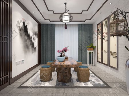 新中式风格茶室空间装修设计效果图
