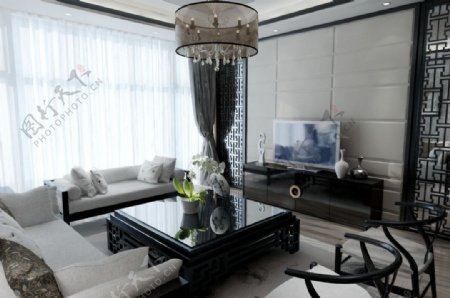 现代简约新中式古典混搭客厅效果图