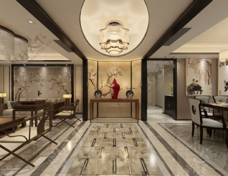 新中式客厅餐厅室内装修装饰效果图