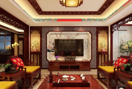 古典中式客厅室内装修实景效果图