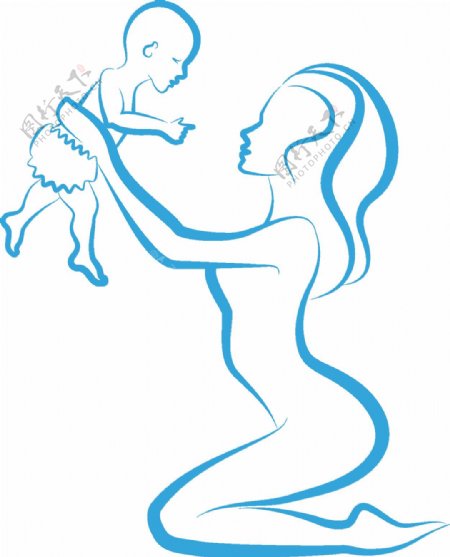卡通温馨蓝色母亲拥抱孩子png元素