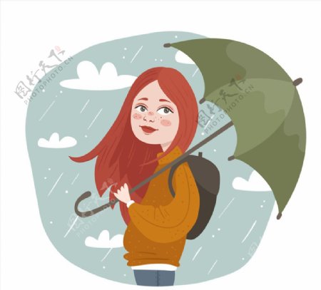 创意雨中撑伞的女子矢量素材