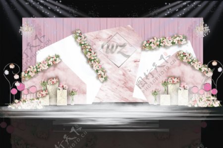 粉色大理石婚礼迎宾区背景婚礼效果图