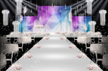粉蓝色系水彩纹理清新婚礼舞台效果图
