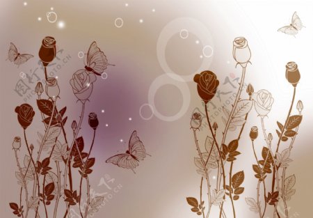 现代简约玫瑰花朵蝴蝶3D壁画背