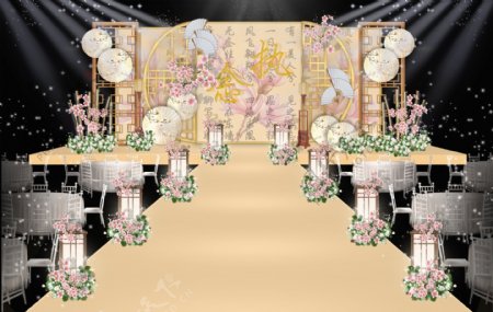 香槟色新中式婚礼舞台效果图