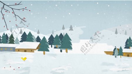 卡通简约冬季插画雪地松树插画背景设计