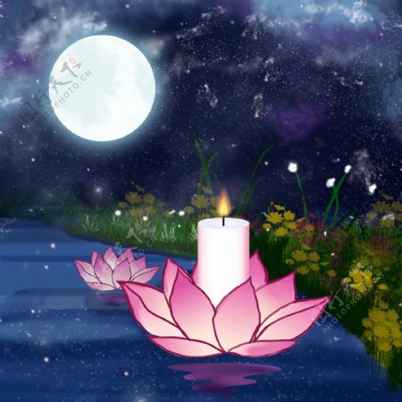 河流上的莲花灯卡通背景