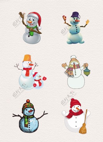 手绘创意6组雪人圣诞元素设计