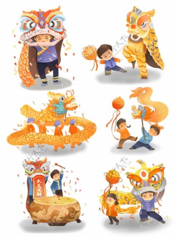 新年舞龙舞狮商业插画可商用元素