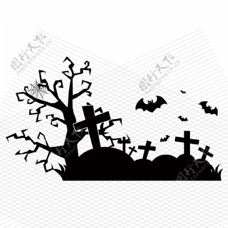 纯原创手绘万圣节插画背景场景蝙蝠枯树坟墓