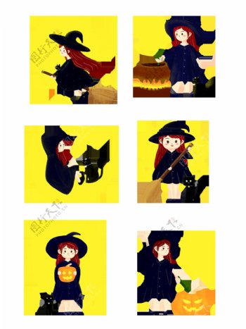 手绘卡通万圣节女巫黑猫扫把帽子南瓜素材