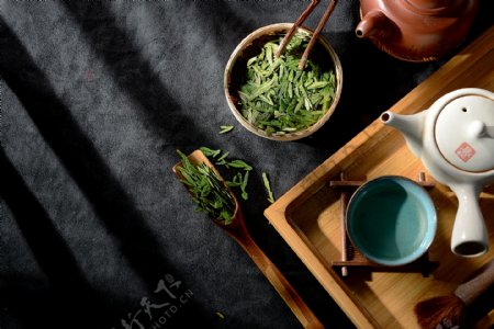 茶道茶具茶叶黑色摄影背景素材