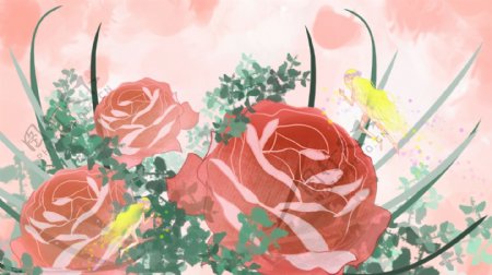 火红的玫瑰绿叶粉色卡通背景