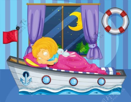卡通女孩睡觉船