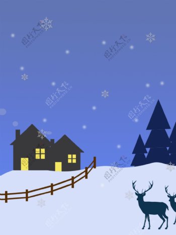 手绘简约风麋鹿雪景圣诞节背景素材
