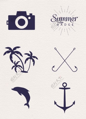 简约夏日蓝色沙滩旅行图标素材