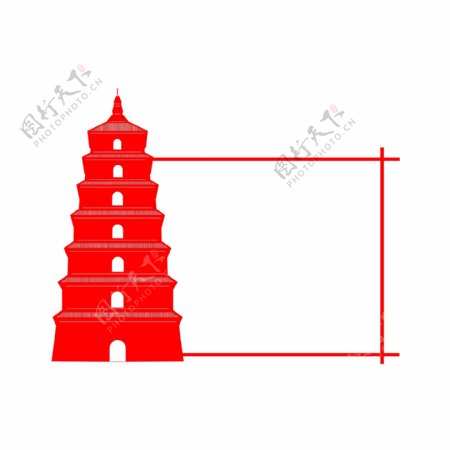 中国风建筑红色剪纸矢量西安大雁塔边框