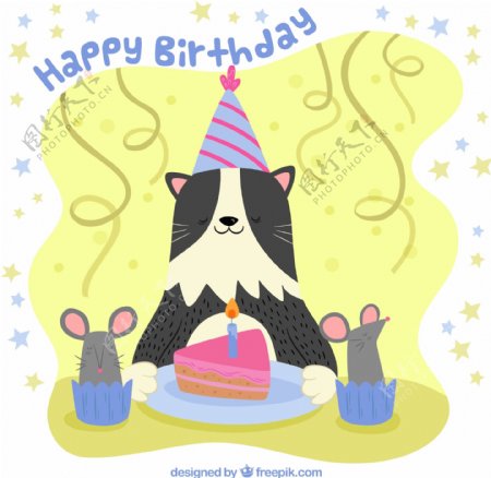 彩绘生日猫咪和蛋糕矢量素材