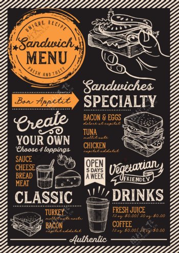 美式复古手绘三明治汉堡快餐菜单