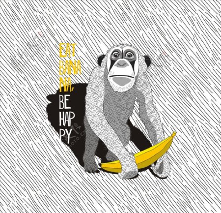 手绘猴子香蕉矢量图下载