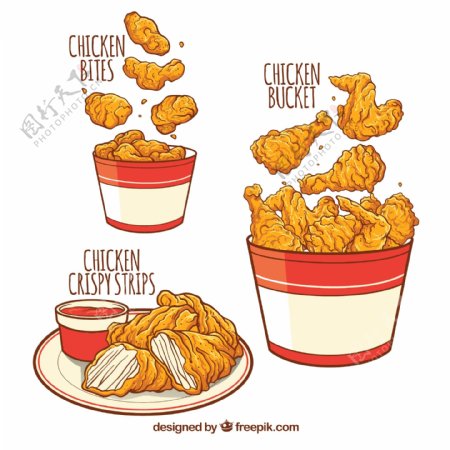 3款彩绘鸡快餐食品矢量素材