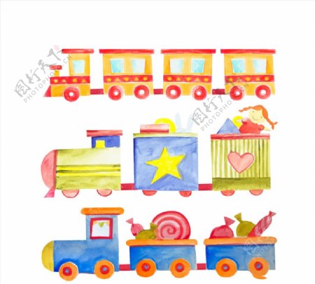 3款水彩绘玩具小火车矢量素材