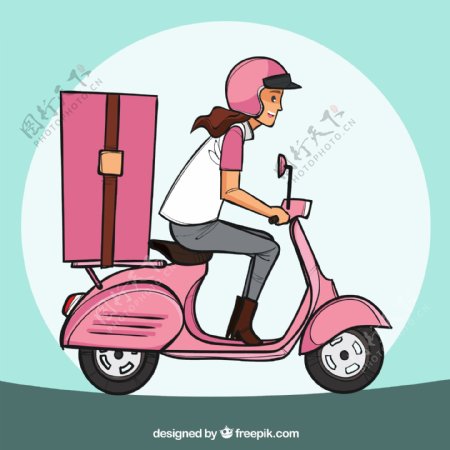 创意骑粉色电动车送货的女子