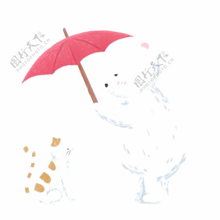 小清新给小猫撑伞的白熊可商用元素