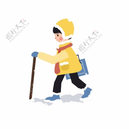 彩绘在雪地里走路的男孩可商用元素
