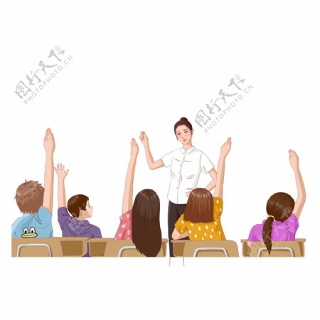 卡通女老师和举手的学生教学场景设计可商用元素