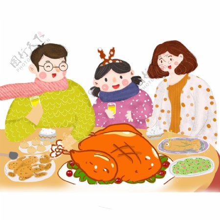 彩绘感恩节一起吃饭的一家人