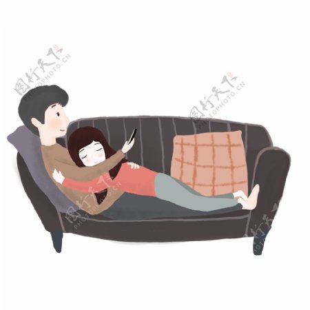卡通手绘沙发上的情侣人物插画