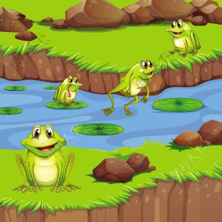 矢量池塘中嬉戏的青蛙
