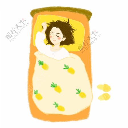 手绘人物睡觉的女生盖着菠萝被子可商用元素