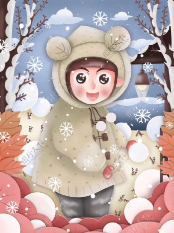 冬天小女孩户外玩雪球插画
