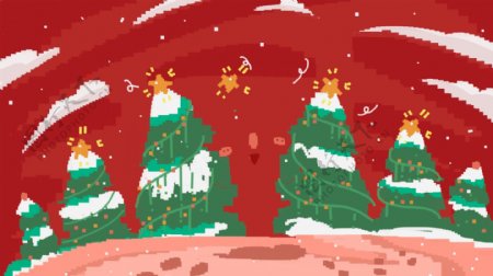 手绘雪花圣诞树红色背景素材