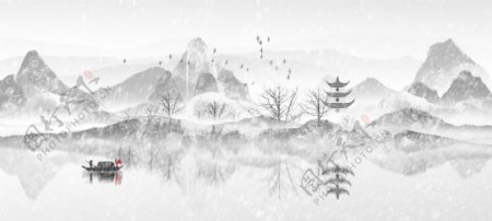 冬季雪景水墨插画