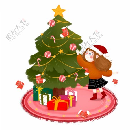 彩绘圣诞树和女孩圣诞节元素设计