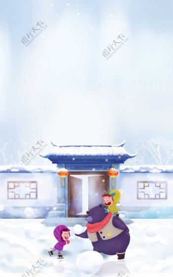 冬季中国风雪地门庭背景素材